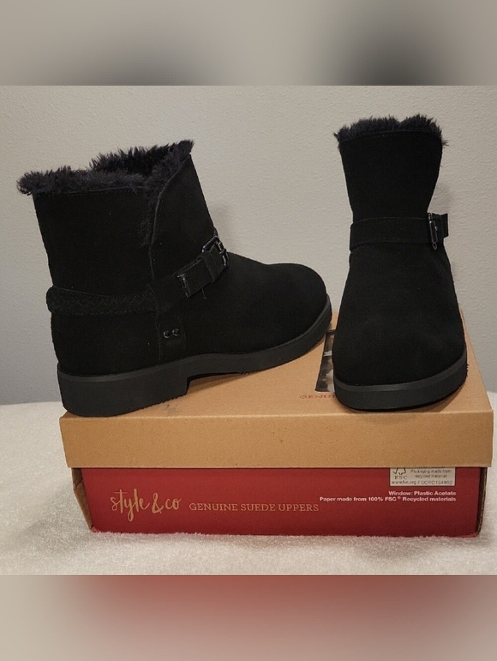 Style & Co.Korri Pull-on Buckled Black Suede Ankle Booties, NIB